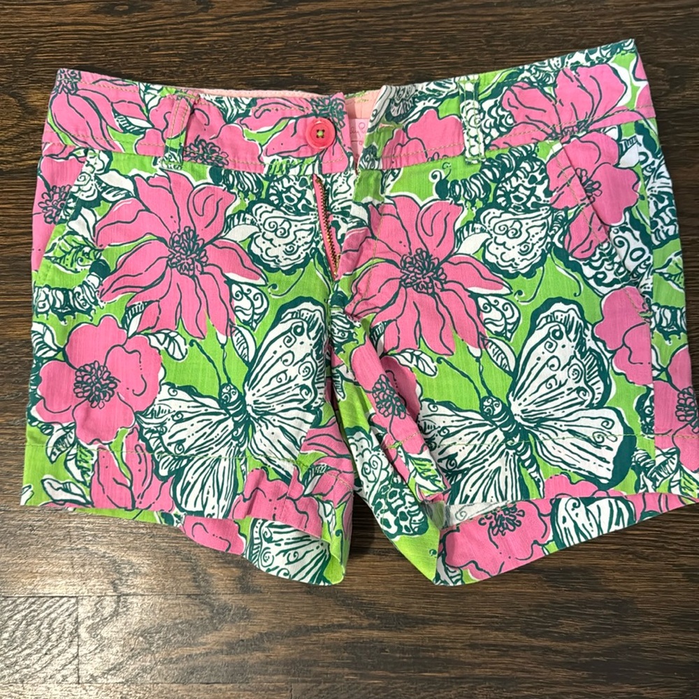 Lilly Pulitzer Seersucker pink and green butterfly transformation shorts size 00